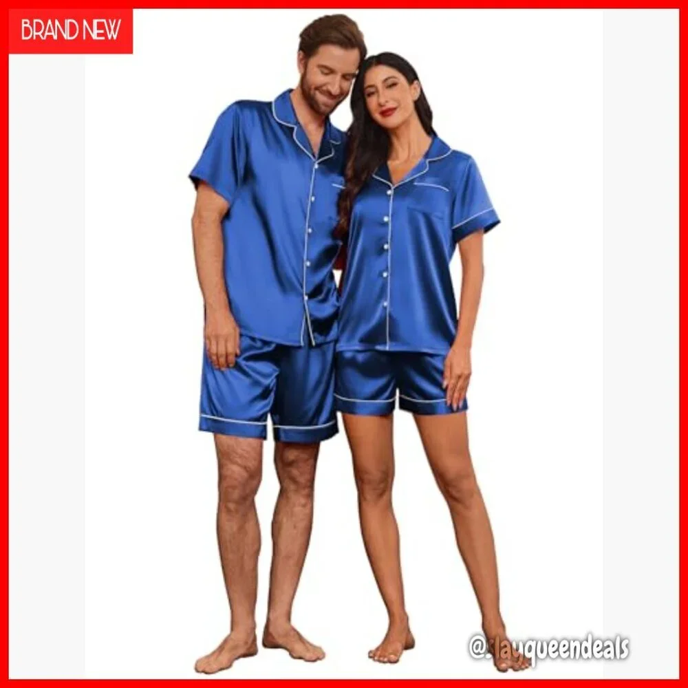 Silk Satin Pajama Set Short Sleeve Button Down Lounge Wear S-XXL